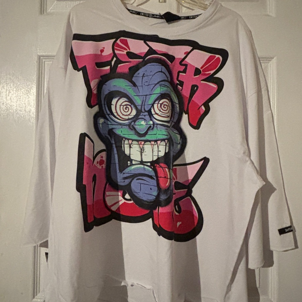 Switch Fear Not Graphic Tee - White with Pink and Blue Design. Mens Crop size 3X